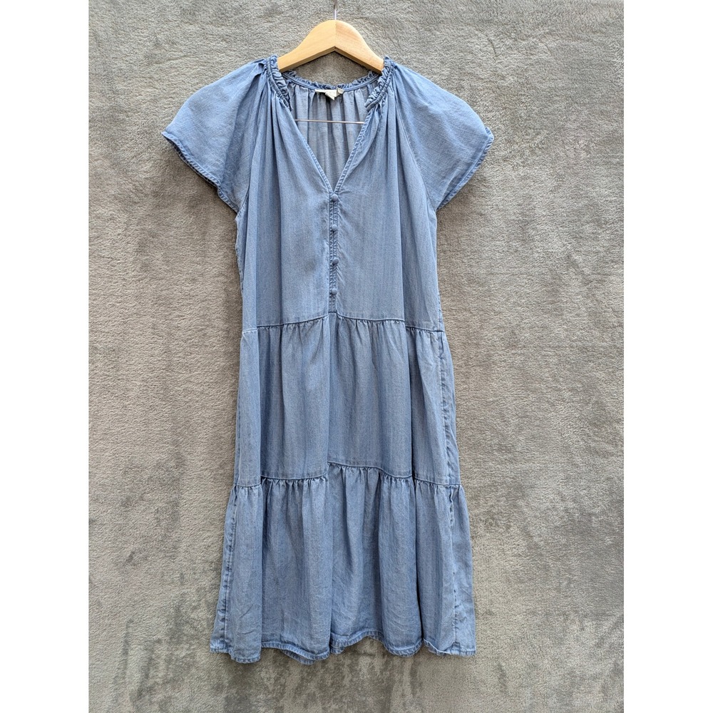 Boho Tiered Dress Womens XS Blue Lyocell Flutter Sleeve V-Neck Mini LOFT Outlet